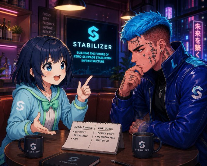An anime-style girl with blue hair and a tattooed man in a blue jacket sit at a café table, with the anime character enthusiastically explaining concepts from a notebook about "ZERO-SLIPPAGE" goals like "EFFICIENT," "PREDICTABLE," and "FAIR," alongside "OUR GOALS: BETTER SWAPS, NO HIDDEN FEES, BETTER UX." Behind them, a screen displays "STABILIZER - BUILDING THE FUTURE OF ZERO-SLIPPAGE STABLECOIN INFRASTRUCTURE," while both characters wear jackets branded with the "S" Stabilizer logo and matching mugs sit on the table. The illustration visually captures the post's discussion of StabilizerFi's phase 1 testnet and its mission to address DeFi slippage issues beyond just creating another stablecoin.