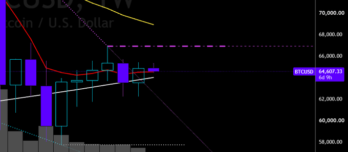A TradingView chart shows BTCUSD on a 6d timeframe at $64,607.33, with the price recently reclaiming the 200-period moving average (white line) after a dip below $58,000, supporting the post's claim of a bullish weekly reclaim.