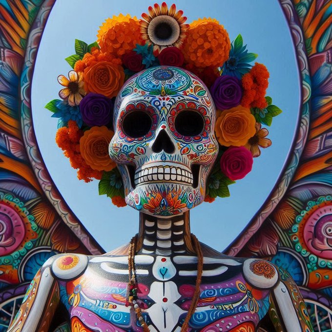 A vibrantly decorated sugar skull calavera adorned with a crown of orange marigolds and multicolored roses, set against an intricate mandala-like backdrop. The intricate Day of the Dead-inspired artwork aligns with the post's theme celebrating skull artistry.

Note: The post references a Twitter/X user (@SimonSi2935539), but no other text or branding is visible in the image itself.
