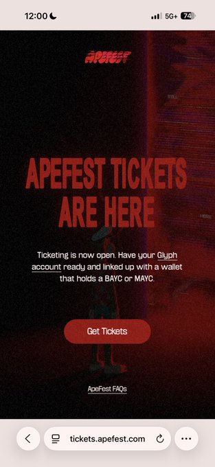Mobile screenshot from tickets.apefest.com announcing "APEFEST TICKETS ARE HERE" with a red "Get Tickets" button, requiring a Glyph account linked to a BAYC or MAYC wallet.