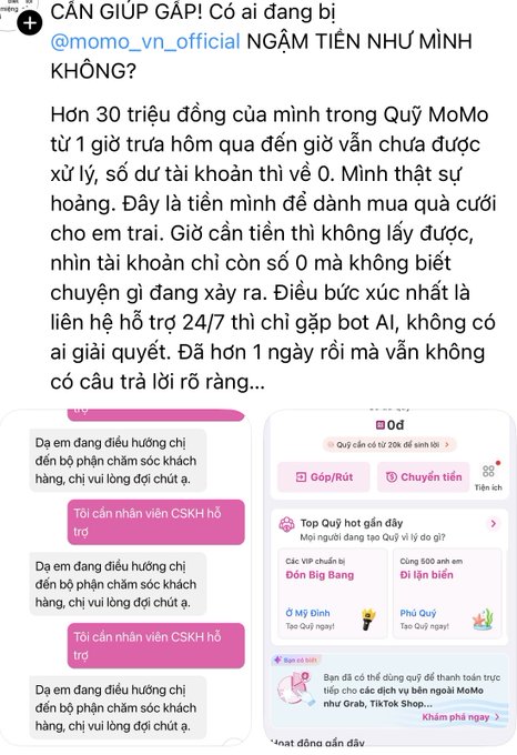 A Vietnamese social media post complaining about over 30 million VND being stuck in a MoMo wallet since yesterday noon, with screenshots showing error messages from the app's customer support.