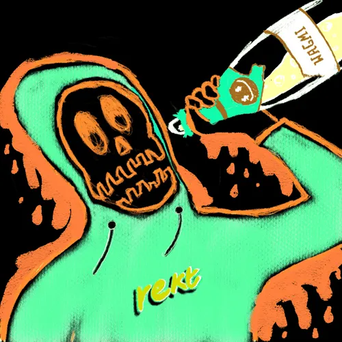 A cartoonish illustration of a hooded skeleton figure holding a 'REKT' bottle, wearing a gold dollar sign medallion, with the word 'rekt' written in green at the bottom.