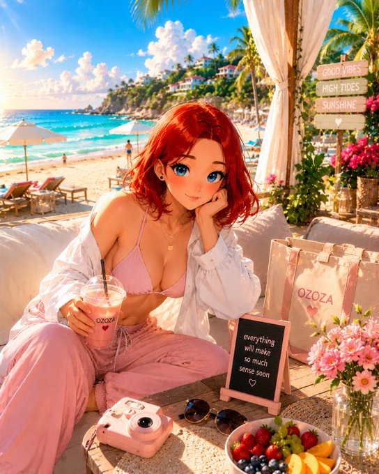 An anime-style illustration of a red-haired girl sitting on a beach cabana with a drink labeled 'OZOZA' and a sign that reads 'everything will make so much sense soon', with additional text 'GOOD VIBES HIGH TIDES SUNSHINE' in the background.