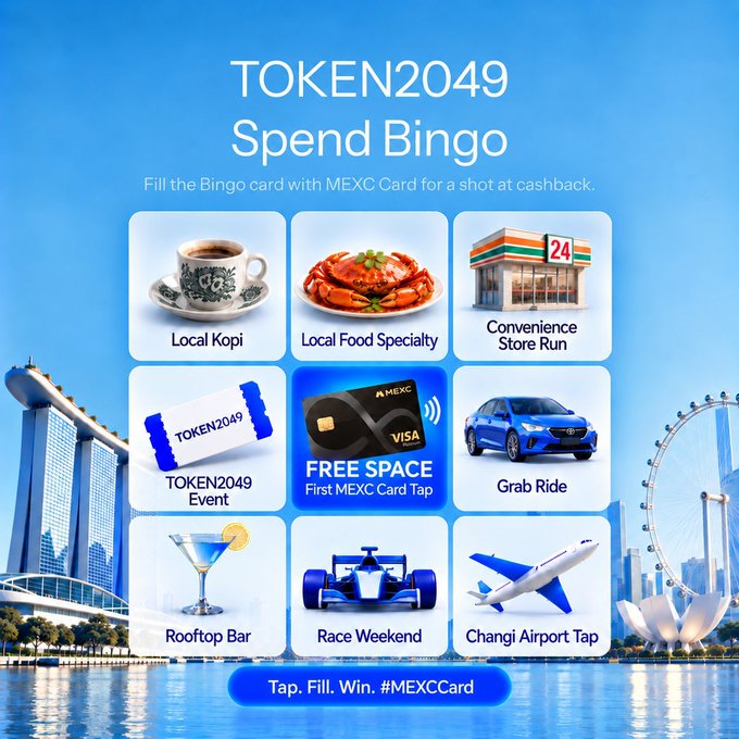 A promotional graphic titled 'TOKEN2049 Spend Bingo' advertises a MEXC Card cashback campaign in Singapore, featuring a 3x3 grid with categories like Local Kopi, Local Food Specialty, Convenience Store Run, and FREE SPACE (First MEXC Card Tap).