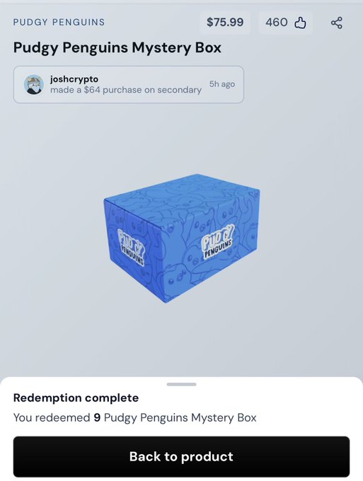 A Pudgy Penguins Mystery Box is listed at $75.99 with 460 likes, and a “Redemption complete” notice confirms 9 boxes were redeemed. The post highlights their potential future value if the Pudgy Penguins brand grows.