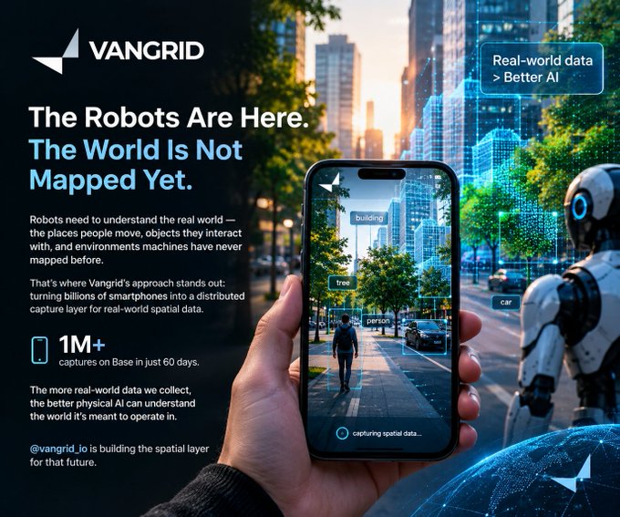 A promotional graphic for Vangrid (@vangrid_io) with the headline 'The Robots Are Here. The World Is Not Mapped Yet,' depicting a hand holding a smartphone that is capturing spatial data of a person, tree, building, and car on a city street.