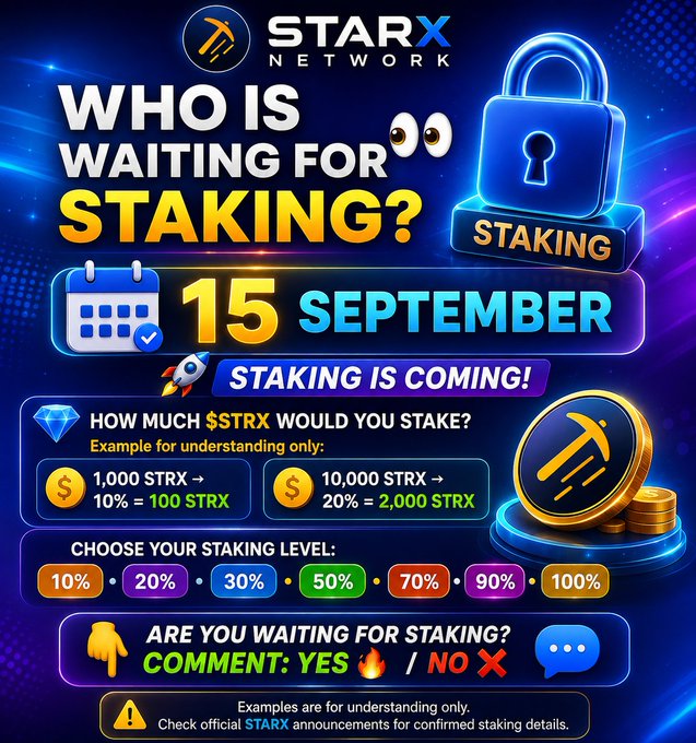 The image is a vibrant promotional graphic from StarX Network announcing that STRX staking is launching on September 15, featuring a large blue padlock icon and examples like "1,000 STRX → 10% = 100 STRX" to illustrate potential staking returns, while inviting viewers to choose a staking level (10%-100%) and comment YES or NO to show their interest.