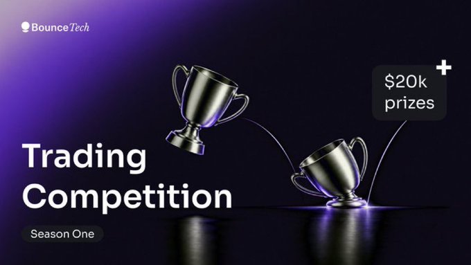 A promotional graphic for BounceTech's "Trading Competition – Season One" features two silver trophy illustrations on a dark purple background, highlighting the $20k prizes up for grabs through weekly rewards, zero sign-up requirements, and multiple winning categories like PnL, ROI, and notional volume.