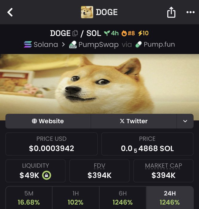 The image features a phone screen displaying an app called "DOGE" that has been installed by Solana onto its new chart. The price of Bitcoin in Ether, as shown, is $0.36. The app's screen also shows some stock market data, possibly related to PumpSwap or cryptocurrencies more generally. The post in the image encourages early eyes and simple memes, which could be a fun way for users to get familiar with the app without delving into complex technical details.