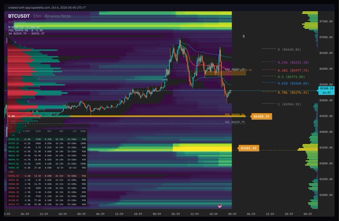 A cryptocurrency trading chart for 'BTCUSD' on Binance Perps shows price action around $85,940 with various technical indicators and volume profiles.