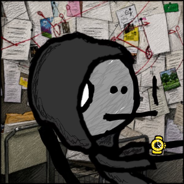A crude digital drawing shows a figure in a dark hood smoking a cigarette in front of a conspiracy board covered with papers, photos, and red string, holding a yellow alarm clock.