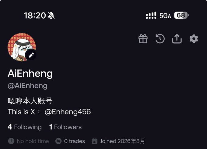 A social media profile page for 'AiEnheng' (@AiEnheng) showing 4 Following, 1 Followers, 0 trades, and the bio 'This is X: @Enheng456', with the timestamp 18:20.