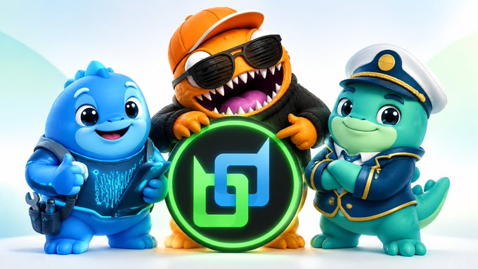 Three cartoon characters—a blue monster, an orange dinosaur in sunglasses, and a green crocodile in a captain's uniform—pose around a green logo on a light background.