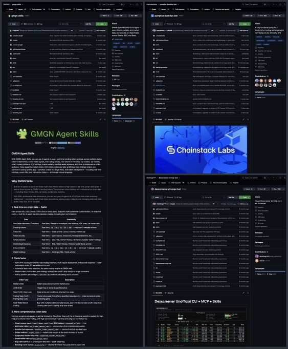 The image displays GitHub repository pages for three Claude Code skills: "gmgn-skills" (562 stars), "gmgnai-bonkbot-bot," and "dexscreener-claude-mcp," each showing code files like SKILL.md and package.json, along with a "Chainstack Labs" banner and a Dexscreener trading interface screenshot, illustrating the tools used to transform Claude Code into a memecoin sniper for monitoring insider activity and sniping tokens in 0.3 seconds.