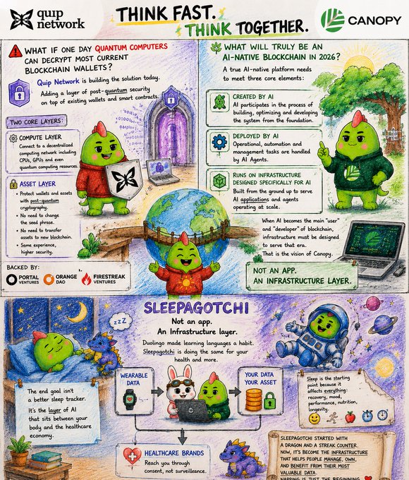 A colorful hand-drawn infographic featuring green dinosaur mascots explains Quip Network's post-quantum security solution (with two core layers: Compute and Asset) alongside Canopy's AI-native blockchain vision and a "Sleepagotchi" AI health infrastructure concept. The image directly illustrates the post's concern about quantum computers decrypting blockchain wallets by showcasing Quip Network's solution as a cryptographic safeguard built on top of existing wallets and smart contracts.