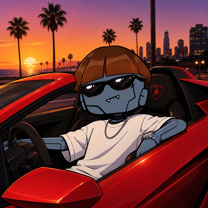 An animated robot with a brown bowl cut and sunglasses sits in a red sports car, wearing a white t-shirt, chain, and watch, with a Los Angeles sunset and palm trees in the background.