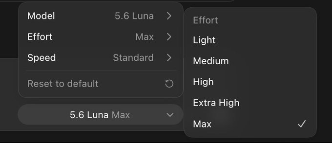A settings menu displaying configuration options for Model (5.6 Luna), Effort (Max, with dropdown showing Light, Medium, High, Extra High, Max), and Speed (Standard), along with a Reset to default option.