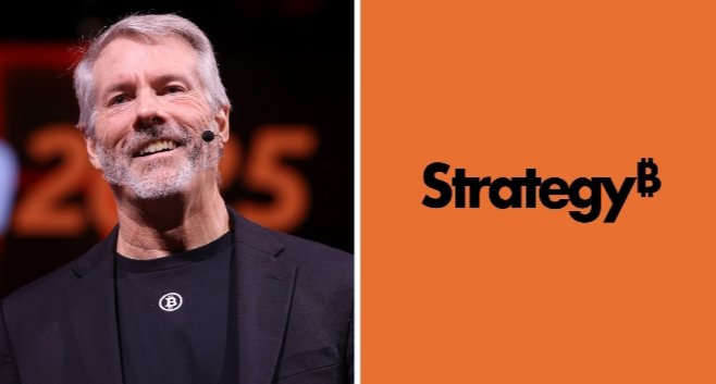 The image shows Michael Saylor, executive chairman of Strategy (formerly MicroStrategy), smiling and wearing a headset microphone alongside the company's logo on an orange background. The image complements the post about Saylor's ambitious vision for Strategy to become the world's most valuable company through its Bitcoin-focused capital strategy.