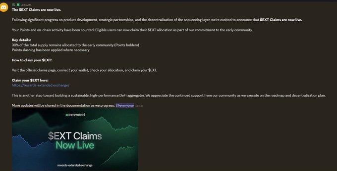 A Discord message announcement stating 'The $EXT Claims are now live' for rewards.enterdao.exchange, explaining that 20% of token supply is allocated to early community points holders, with a graphic reading '$EXT Claims Now Live'.