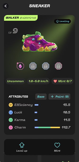 A screenshot of a SNEAKER app showing a "Walker #428812140" level 9 item with attributes including Efficiency 15.5, Luck 10.5, Karma 11.5, and Charm 112.7.