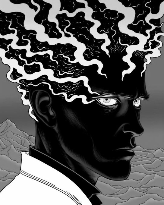 Black and white manga-style illustration of a dark-skinned character in profile with intense eyes and swirling white smoke or energy patterns surrounding their head against a barren landscape.