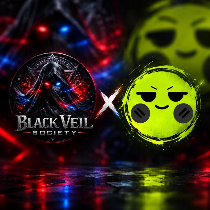A promotional graphic showing 'Black Veil Society' versus a green smiley face character with sunglasses, separated by an 'X' in a versus-style battle image with a dark, red, and blue atmospheric background.