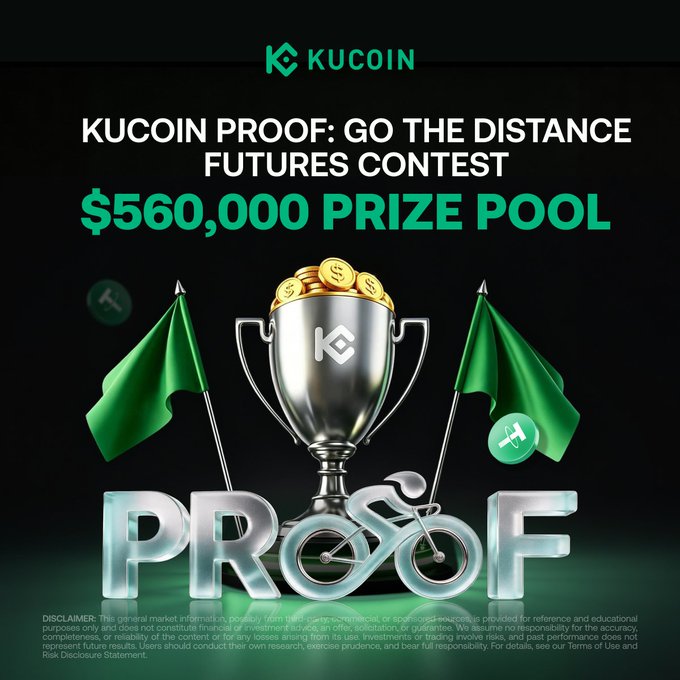 A promotional poster for KuCoin’s “PROOF: GO THE DISTANCE FUTURES CONTEST” advertises a $560,000 prize pool, featuring a silver trophy topped with gold coins and flanked by green flags. The image supports the campaign’s message of trading volume driving leaderboard rankings, team P&L, and Lucky draw entries, while teasing the new Futures Arena Futures Points System.