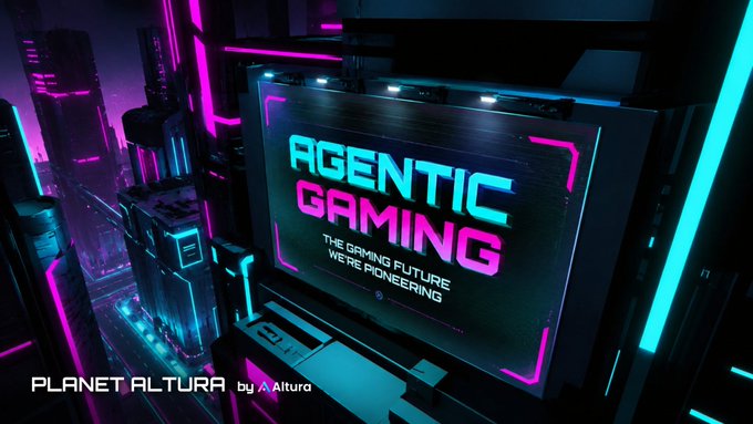 A neon-lit cyberpunk-style cityscape featuring a large digital billboard displaying 'AGENTIC GAMING - THE GAMING FUTURE WE'RE PIONEERING' with the 'PLANET ALTURA by Altura' logo in the corner.