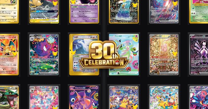 A grid of Pokémon trading cards displayed with a central gold '30th Celebration' Pokémon logo overlay.