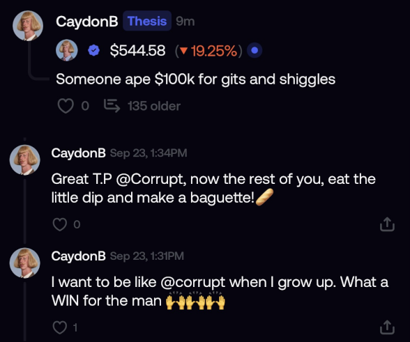 A Discord conversation from user CaydonB discussing a $544.58 price (down 19.25%), mentioning 'Someone ape $100k for gits and shiggles' and congratulating @Corrupt on a T.P (take profit) trade.