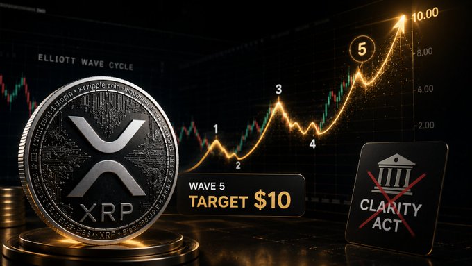 The image shows an XRP coin alongside an Elliott Wave Cycle chart tracing a five-wave pattern to a $10 target, with the Clarity Act crossed out—visually reinforcing the analyst's claim that XRP could hit $10 in Wave 5 even without the legislation passing.
