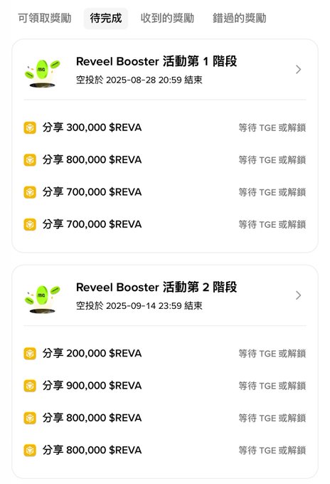 A mobile app screen showing a 'Reveal Booster' rewards program with two phases ending August 28, 2025 and September 14, 2025, listing tasks that share $REVA tokens for TGE redemption.