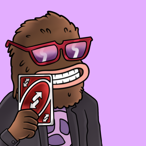 A cartoon illustration of a brown furry character wearing pink sunglasses with lightning bolt reflections, grinning widely while holding a red UNO reverse card.