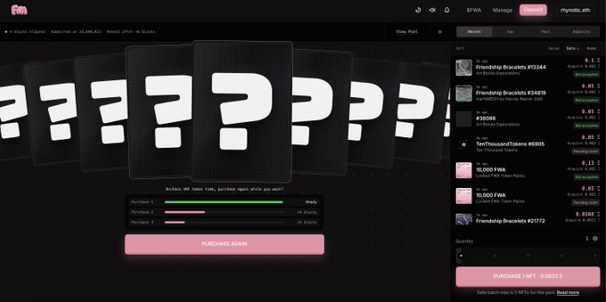The image shows the Friend.tech platform interface with a row of question-mark cards representing pending purchases, displaying real-time progress bars for "Purchase 1" (in queue/ready state), "Purchase 2" (1 block), and "Purchase 3" (4 blocks). The accompanying note explains this visualizes the new feature allowing users to queue multiple purchases simultaneously while waiting for Ethereum block settlements, eliminating the need to wait for each transaction to complete before initiating the next one.