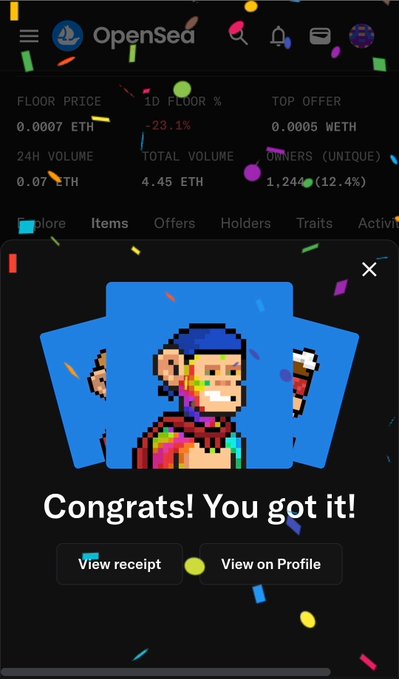 An OpenSea app screenshot shows NFT collection stats (Floor Price 0.0007 ETH, -23.1%) with a confetti-filled 'Congrats! You got it!' purchase confirmation modal displaying a pixel-art NFT.