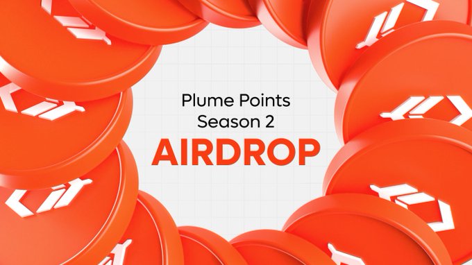 The image features a poster with red circles arranged around an orange border. The text "Plume Points Season 2 Airdrop" is written above the circles, indicating that this is a promotional poster for the second season of the streaming platform "Airdrop". The poster also includes a reminder to register before the deadline on Friday, May 30th, in order to stay eligible for the distribution of the new season.