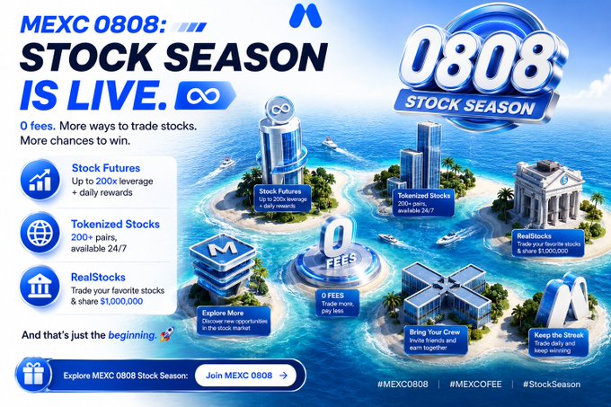 A promotional banner for 'MEXC 0808: STOCK SEASON IS LIVE' featuring details about Stock Futures (up to 200x leverage), Tokenized Stocks, and RealStocks with 0 fees.