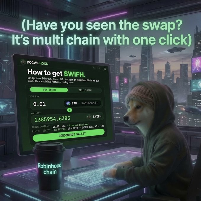 A Shiba Inu dog wearing a hoodie sits at a futuristic cyberpunk desk using a glowing computer, with text reading "(Have you seen the swap? It's multi chain with one click)" and a screen titled "DOGWIFHOOD - How to get $WIFH" showing a bridge interface for swapping assets across Ethereum, Base, BNB, Polygon, and Robinhood Chain. The image visually illustrates the post's message about $WIFH's multi-chain swap functionality and its potential to grow the Robinhood ecosystem.