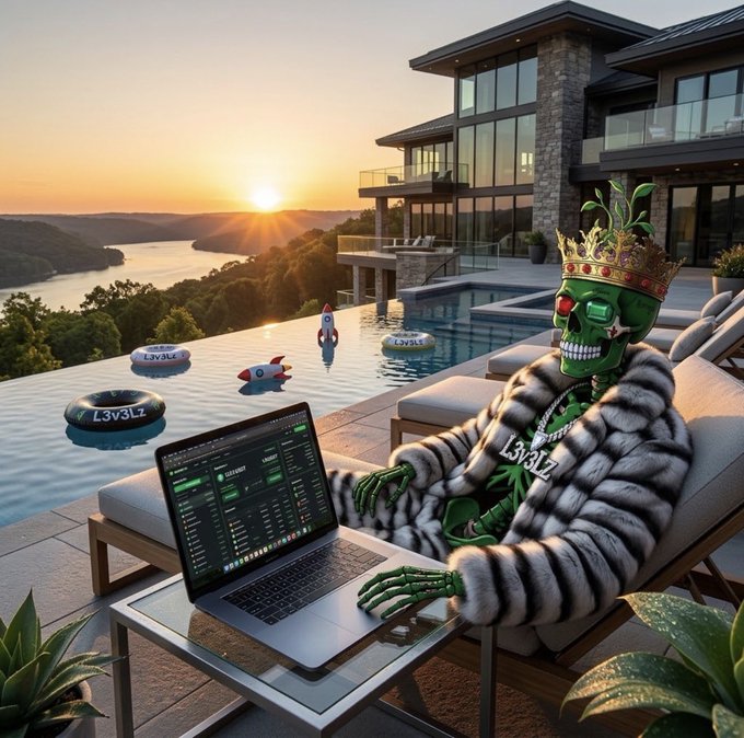 A green-skinned skeleton character wearing a gold crown and fur coat trades crypto on a laptop by an infinity pool at a luxury mansion overlooking a sunset. L3V3LZ is visible on the character's shirt and pool floats.