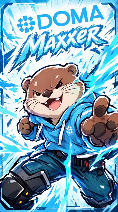 An illustrated trading card features an aggressive otter character in a blue hoodie, with the text 'DOMA MAXXER' displayed prominently at the top.