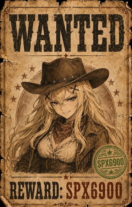A weathered Western-style "WANTED" poster features an anime-style cowgirl with long blonde hair and X marks on her cheeks, offering a reward of "SPX6900." The poster's rugged, aged aesthetic and the ticker name align with the "maxinggggggggggggggggggggggggggggg" post, suggesting the user is celebrating or promoting the SPX6900 token reaching a peak.