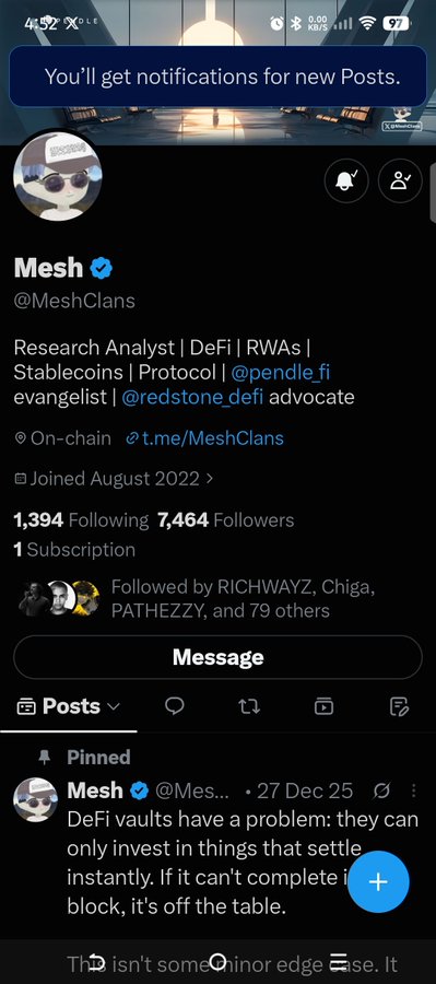 Twitter/X profile page for Mesh (@MeshClans), a Research Analyst focused on DeFi, RWAs, and Stablecoins, with 1,394 Following and 7,464 Followers.