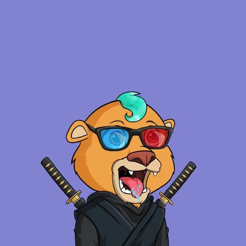 A cartoon lion character with orange fur, a teal tuft of hair, and two swords on its back wears red-blue 3D glasses, matching the post's shoutout to a Lazy Ninja Cubs NFT with 3D glasses.