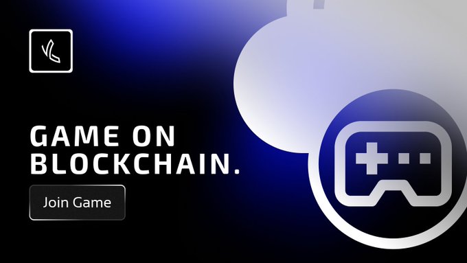Promotional graphic with 'GAME ON BLOCKCHAIN.' text, a 'Join Game' button, and a game controller icon on a blue background.