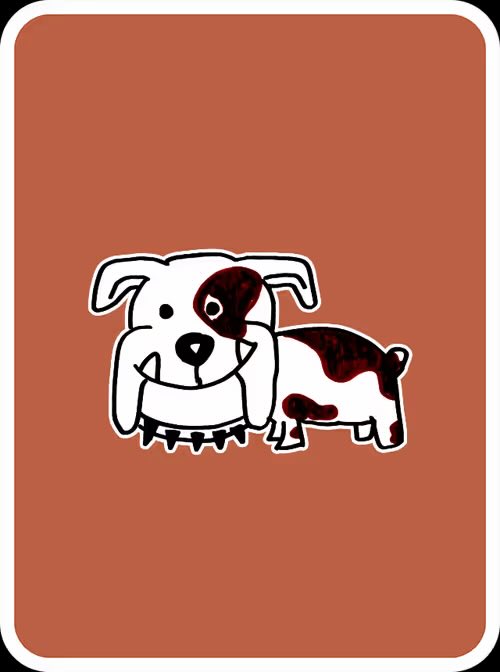 A cartoon illustration shows a white and dark-colored dog with its head appearing oversized compared to its body, set against a brown background.