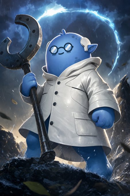A 3D-rendered blue cartoon character wearing glasses and a white coat, holding a large wrench and standing on a rocky surface with a glowing blue portal in the background.
