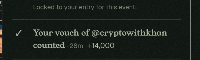 A notification confirms 'Your vouch of @cryptowithkhan counted' with +14,000 points for an event entry.