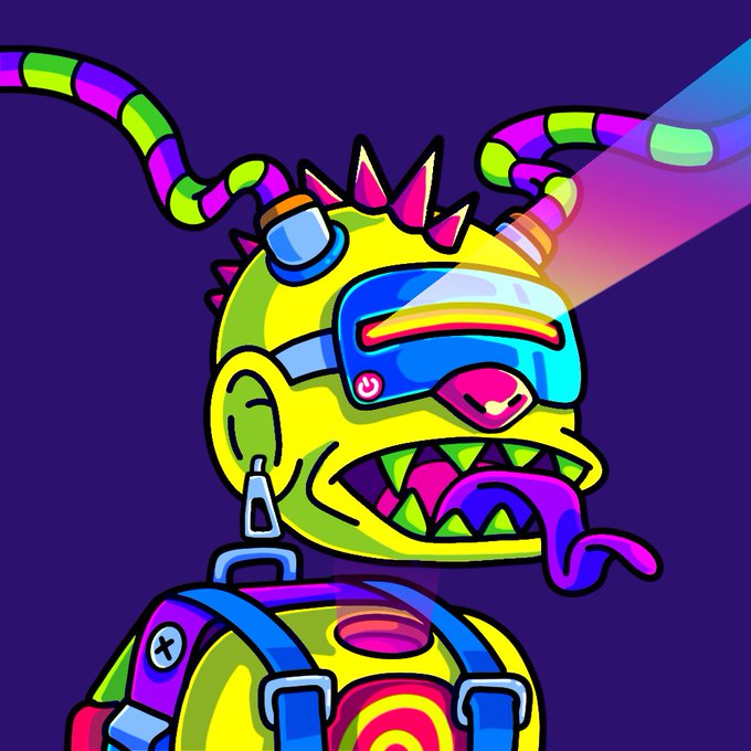 A colorful cartoon illustration of a green monster character wearing a blue and pink visor with colorful dreadlock-like appendages, set against a dark purple background.