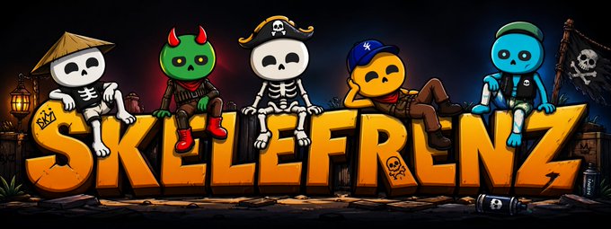 A colorful cartoon banner reading 'SKELEFRENZ' featuring five skeleton characters with different hats and costumes, alongside a pirate flag.