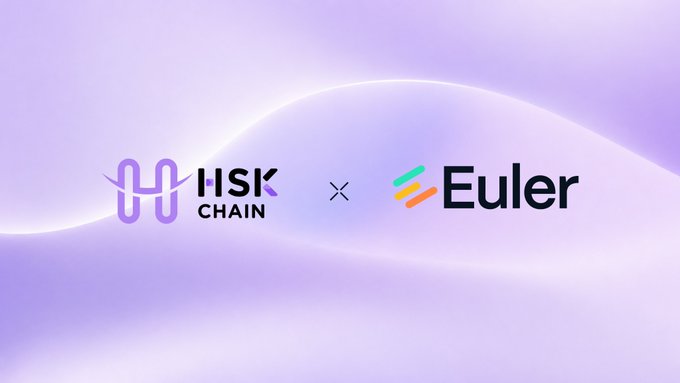 A partnership announcement graphic featuring the HSK Chain logo and Euler logo on a light purple wavy background.